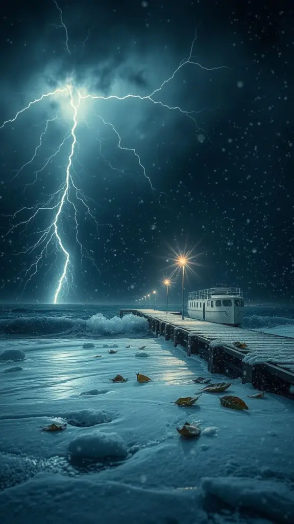 A dark, moody scene of a pier during a thundersnow storm with lightning.