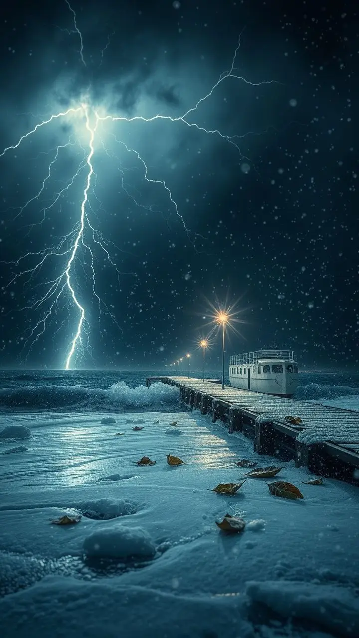 A dark, moody scene of a pier during a thundersnow storm with lightning.