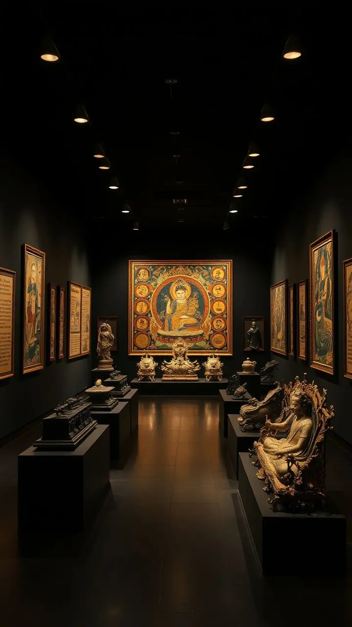 Dimly lit gallery with Tibetan artworks.