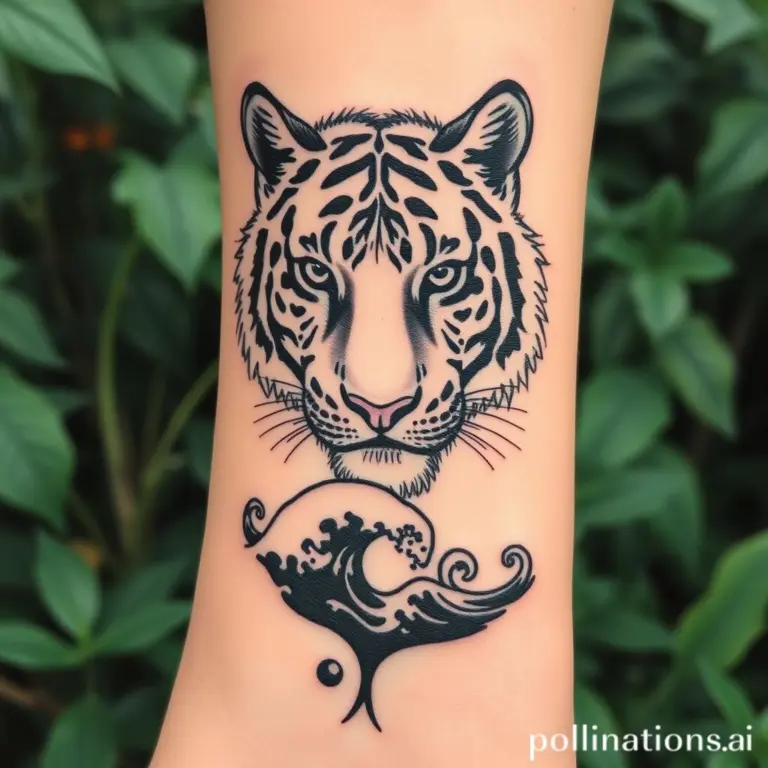 Black ink tattoo of a tiger head with a heart and wave on a wrist.