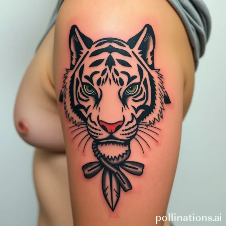 Stylized tiger head tattoo.