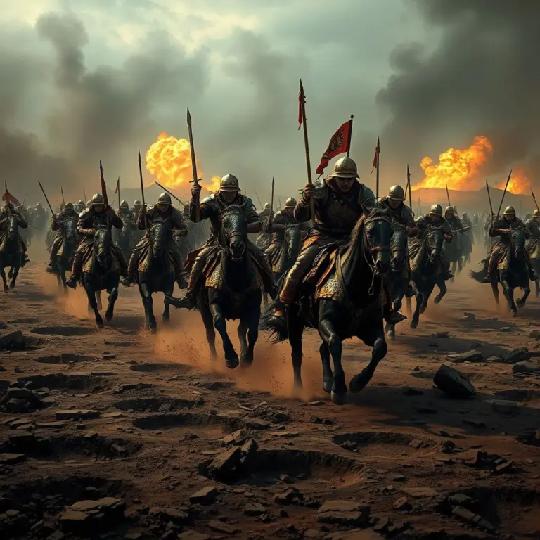 Male warriors in tiger and leopard armor charging on horseback in a smoky, cratered battlefield.