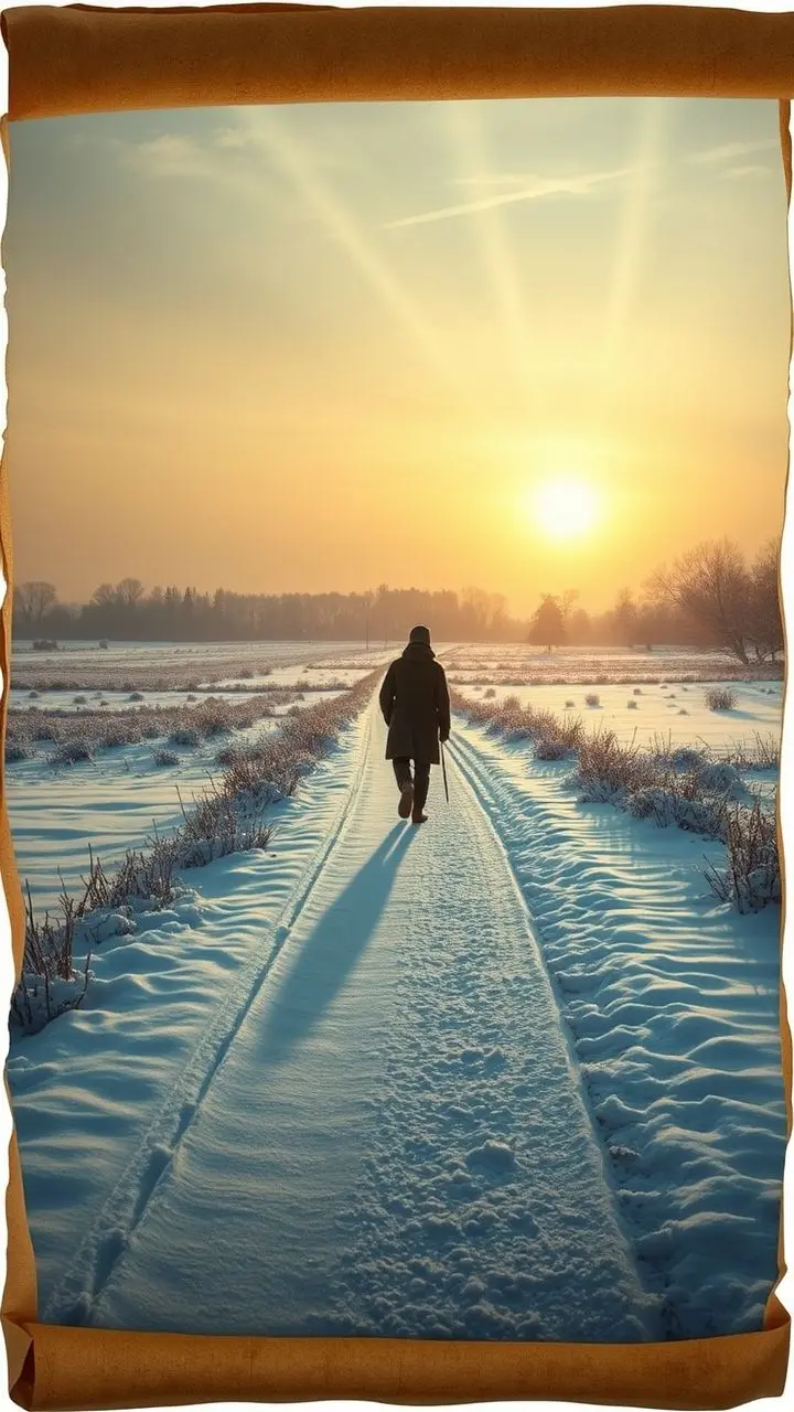 Winter dawn scene with a traveler, parchment scroll, and sun streaks.