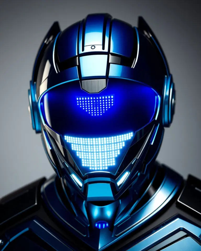 Tokusatsu hero helmet, electric blue with black accents, featuring an illuminated LED full faceplate.