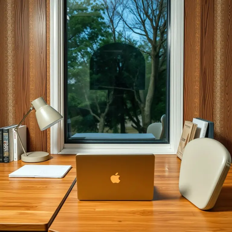 Wooden desk with laptop, coffee, pen, and notebook from above.