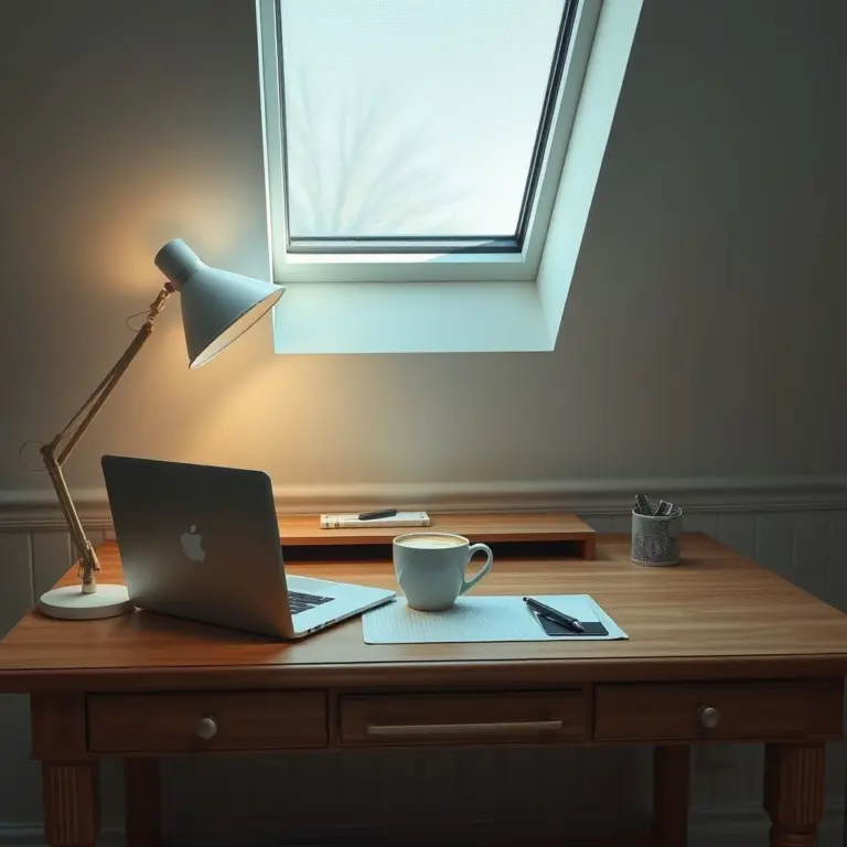 Overhead shot of a desk with a laptop, coffee, pen, and notepad.