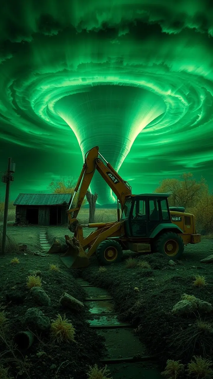 Backhoe loader in front of a tornado and abandoned building.