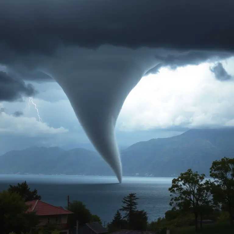 Tornado approaching Sochi coastline with dark storm clouds and lightning.