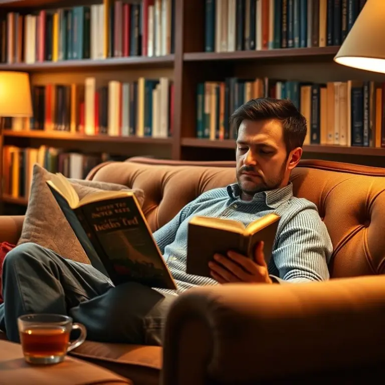 Man reading a book on a sofa with tea.