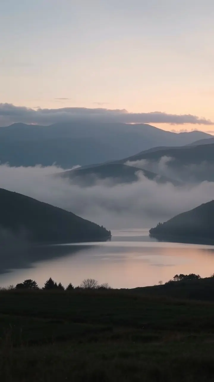 Serene lake at dusk with rolling hills and atmospheric haze.