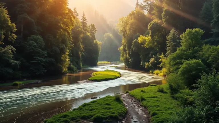 Winding river in a lush forest with sunlight filtering through trees.