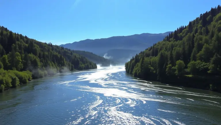 Shimmering river flowing through lush green forest valleys with dappled sunlight.