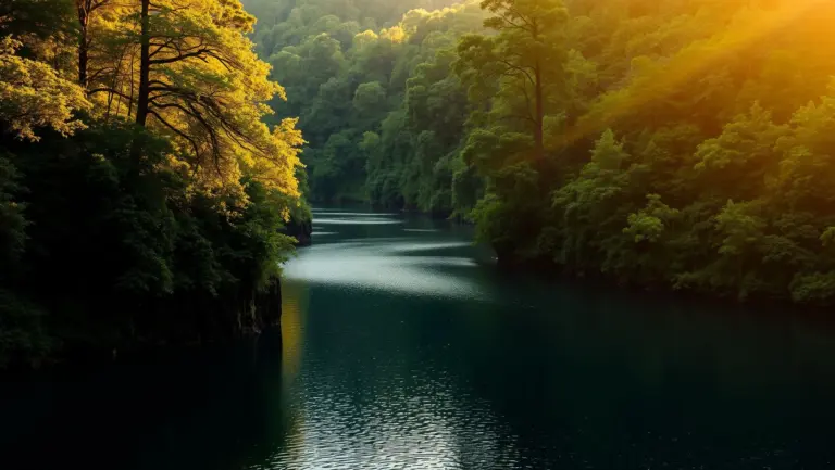 Serene lake in a green forest valley at sunset.