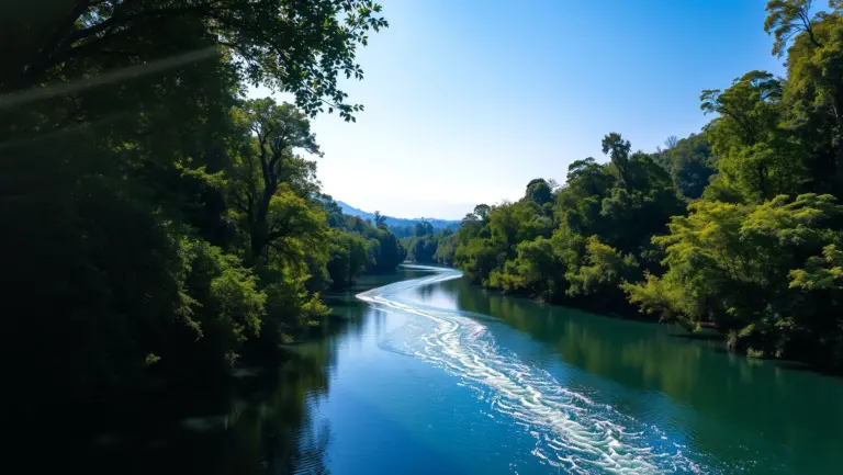 Forest valley with a clear river and dappled sunlight.