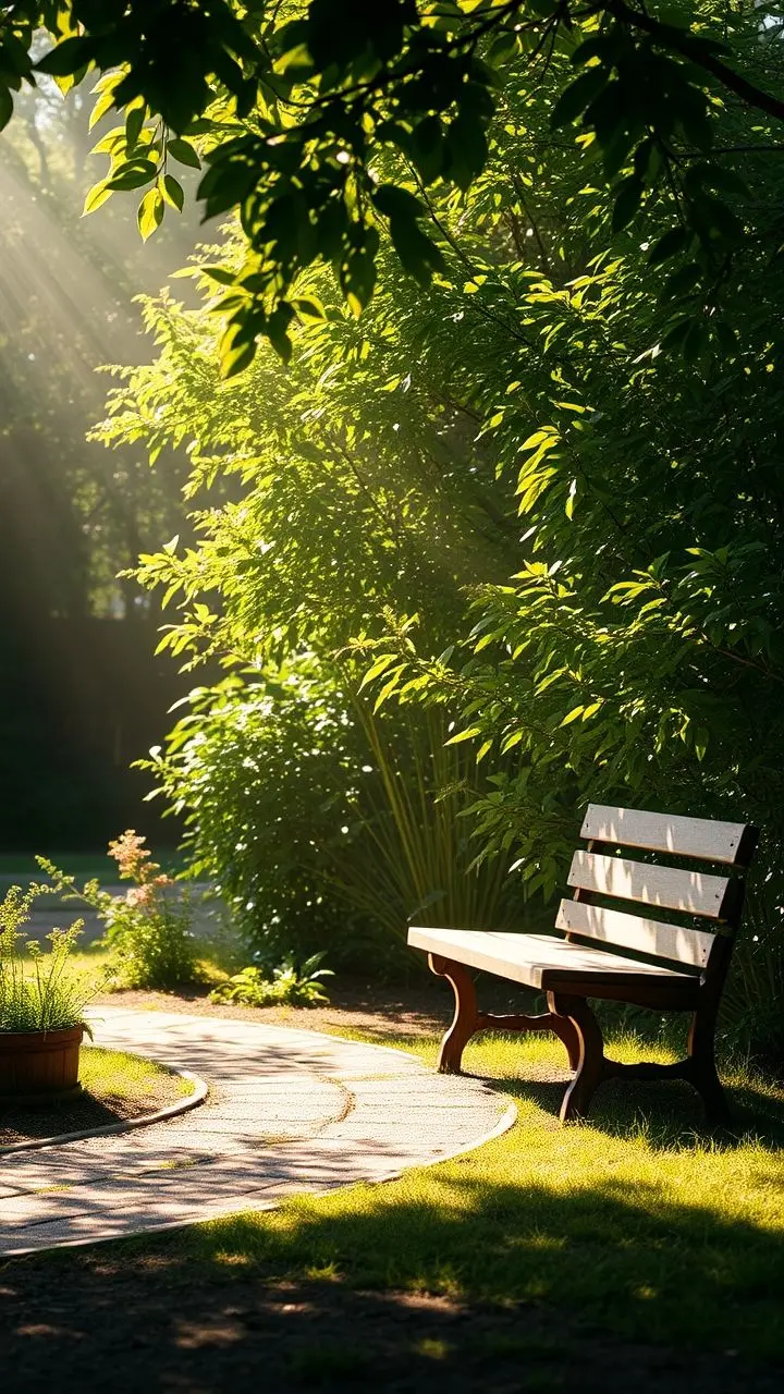 Wooden bench in garden with sunlight and shadows.