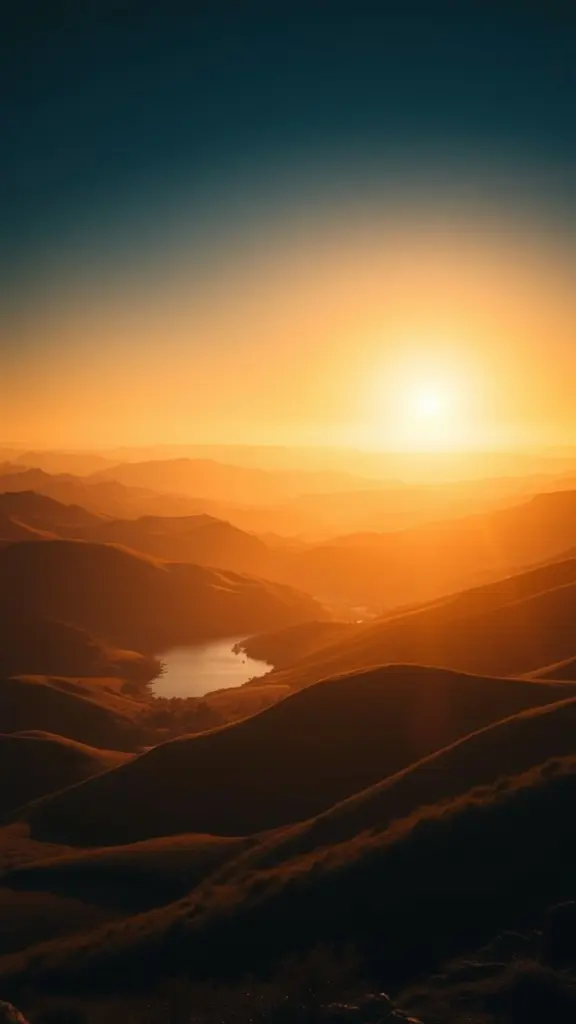 Landscape with rolling hills and water at golden hour.
