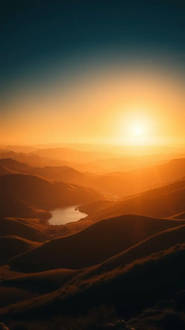Landscape with rolling hills and water at golden hour.