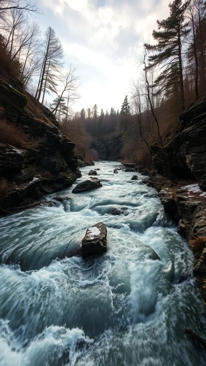 A gorge with rapids during a thaw, showing melting bark and decaying trees.