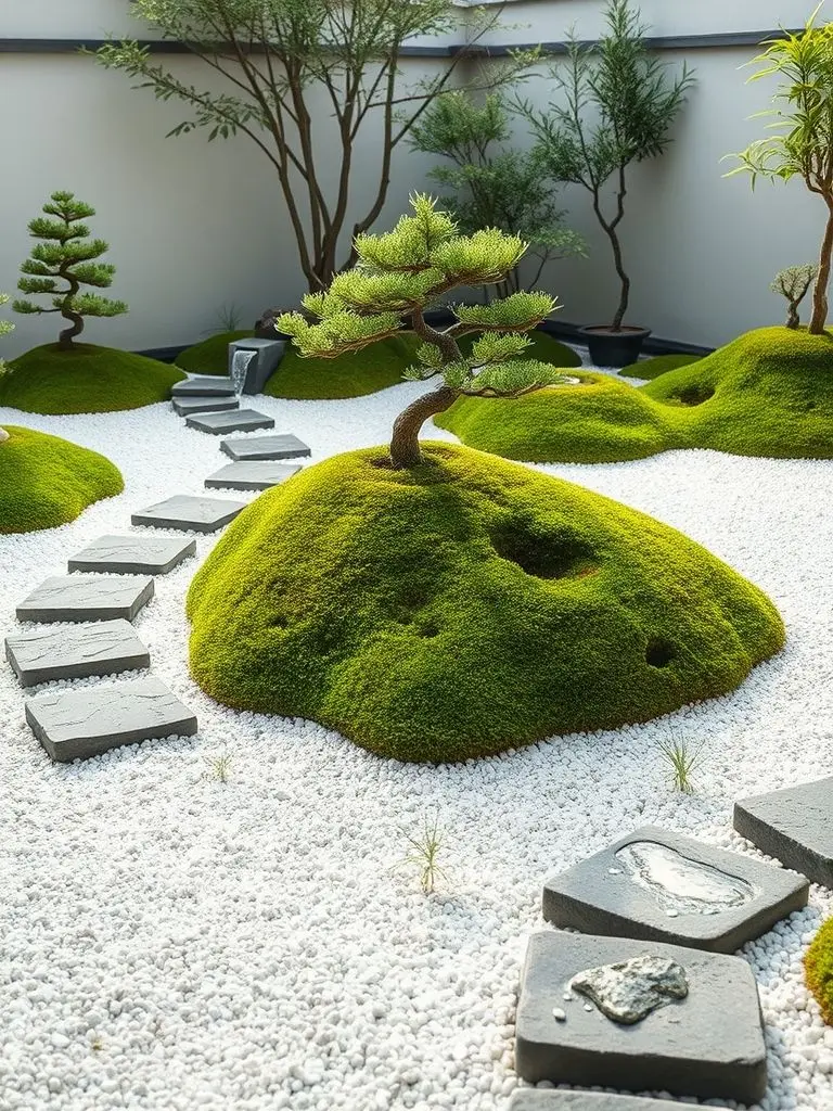 Japanese garden with white gravel, moss, bonsai, and water fountain.