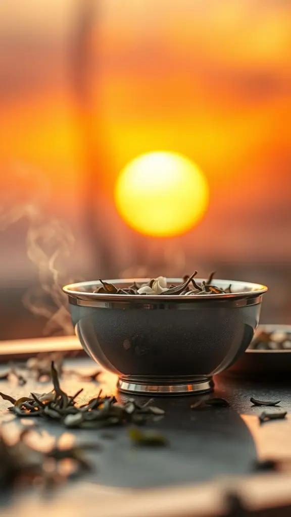 Silver teaware with jasmine tea needles against a sunset.