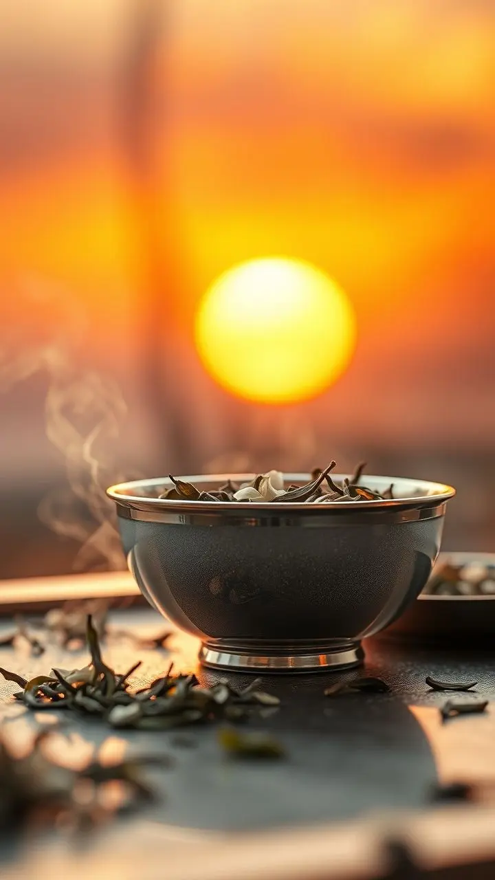 Silver teaware with jasmine tea needles against a sunset.
