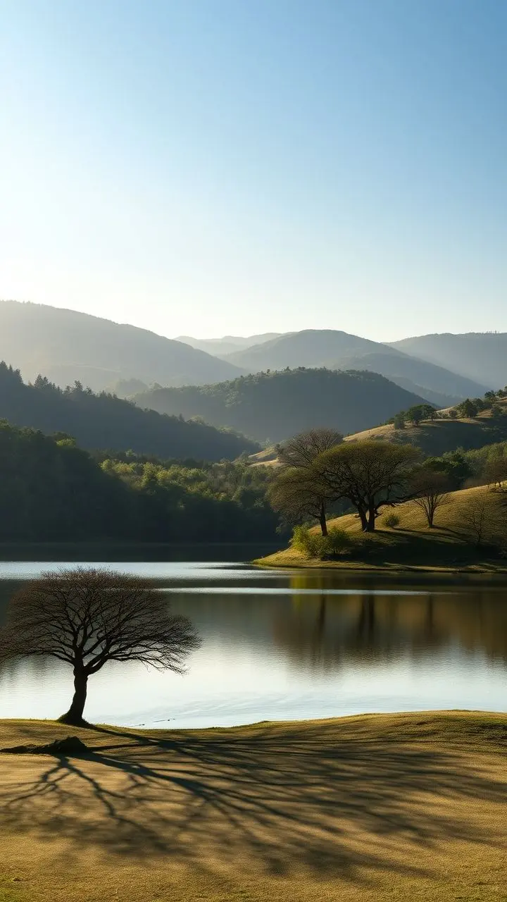 Serene landscape with hills, lake, and tree shadows.