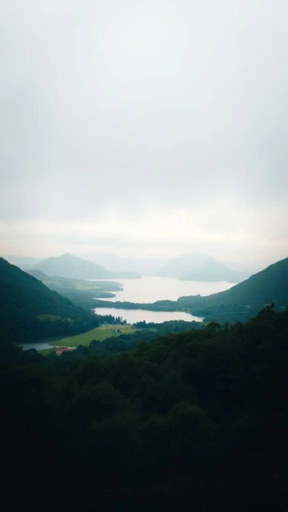 Serene landscape with a lake, greenery, mountains, and soft natural vignetting.