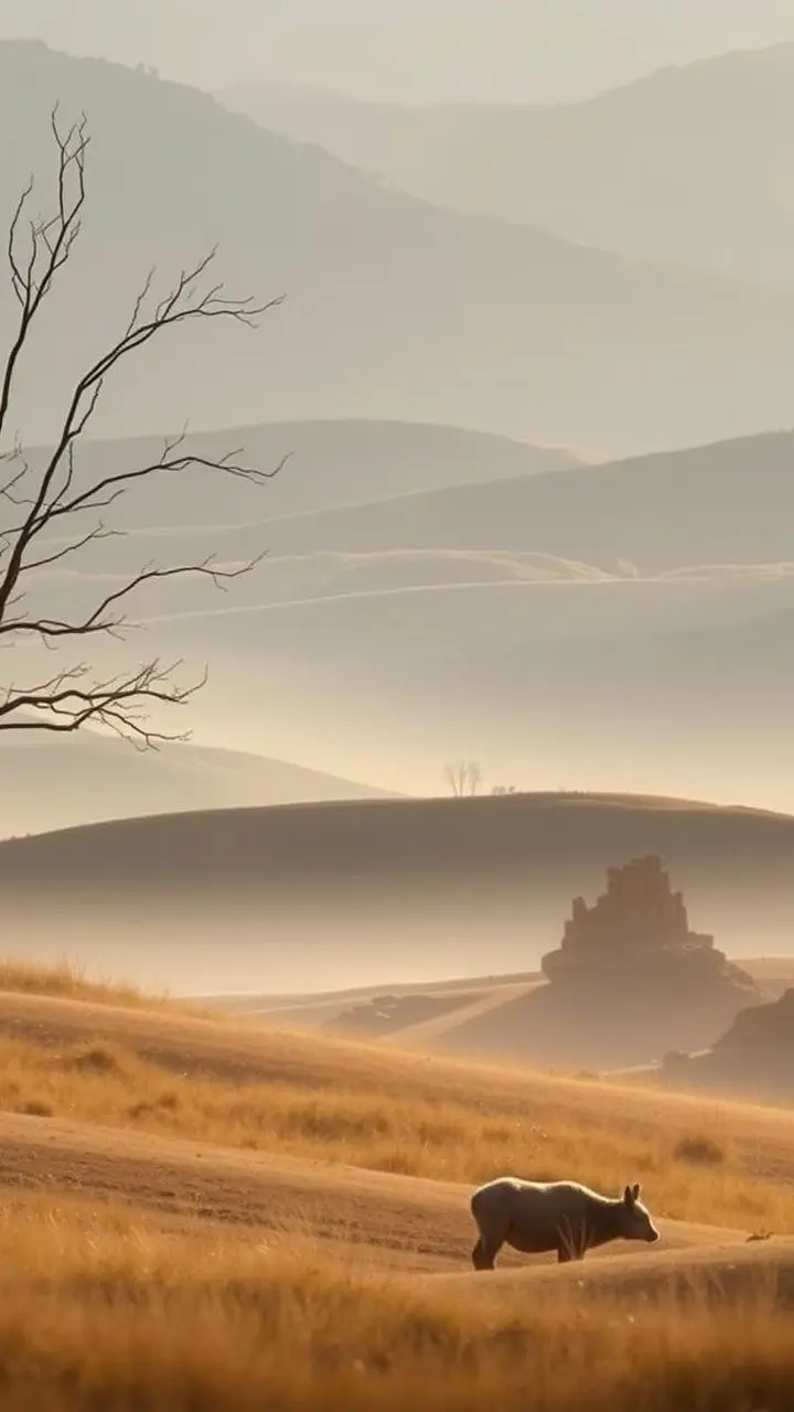 Serene landscape with soft natural light and earthy colors.