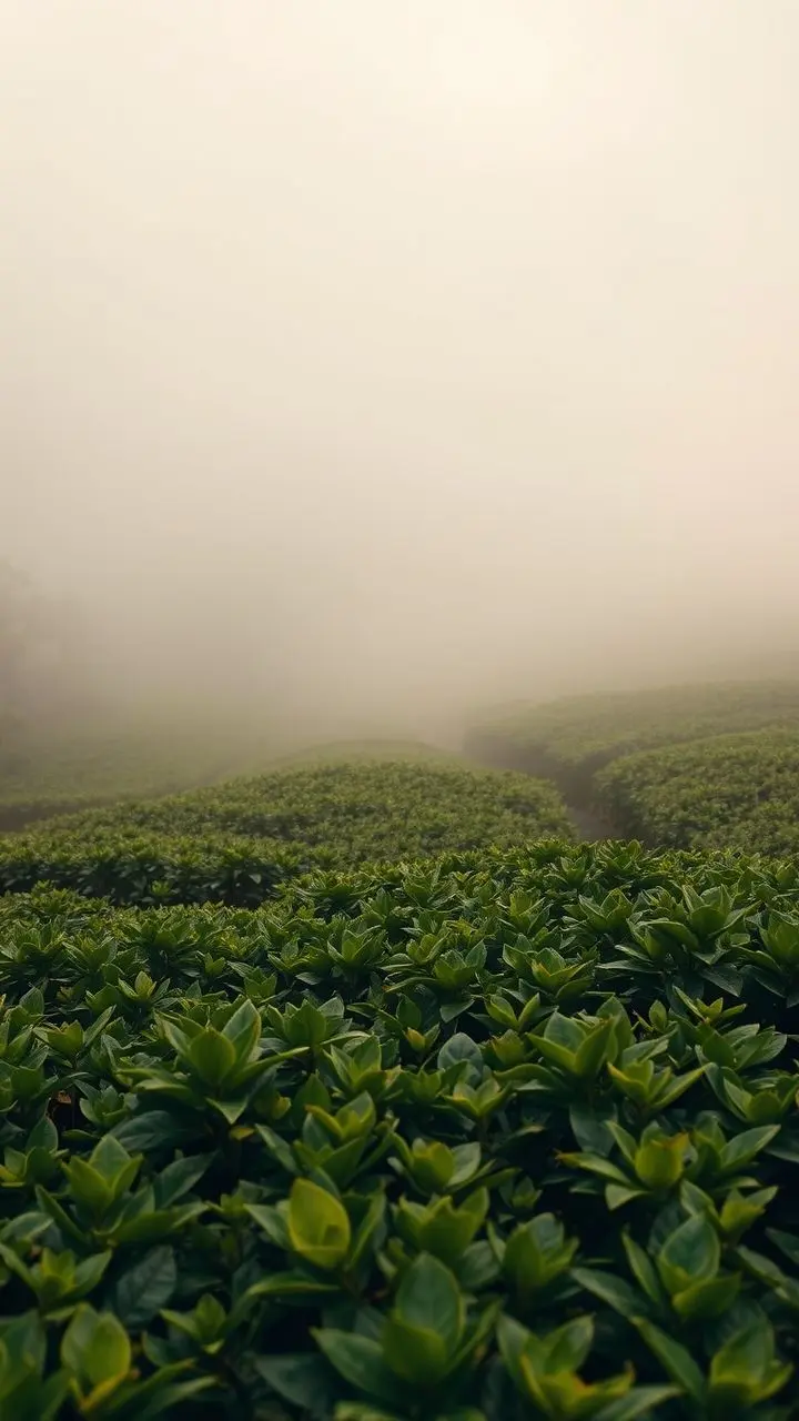 Misty tea plantation with lush green foliage, evoking calm leadership.