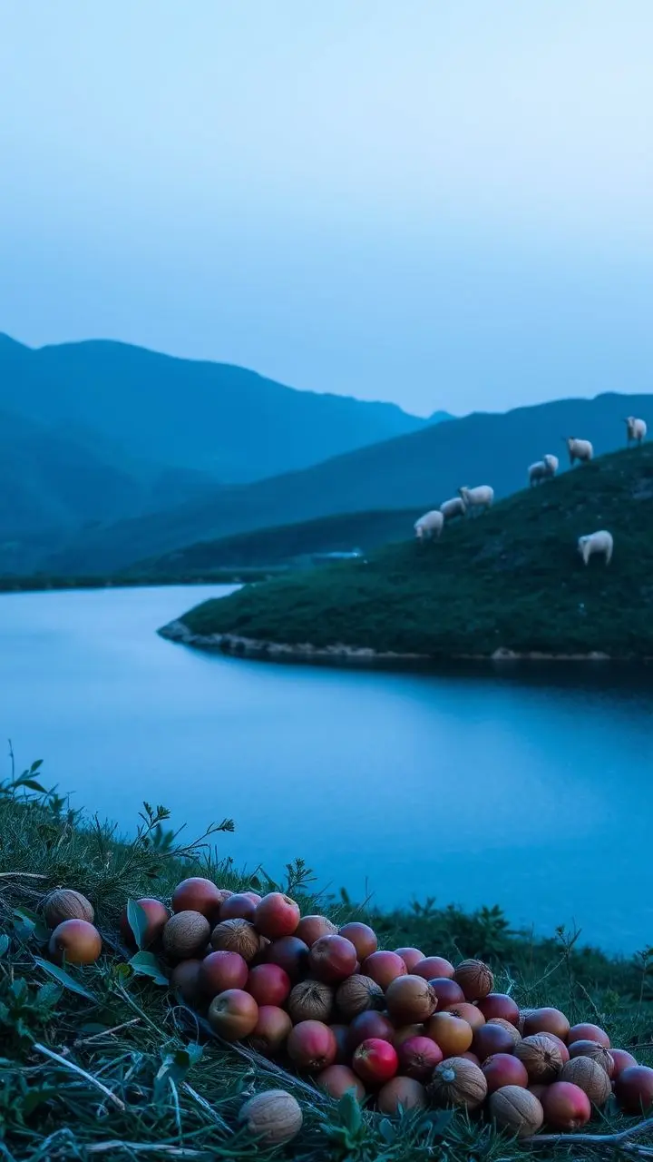 Night scene with fruits, nuts, sheep, and a lagoon.