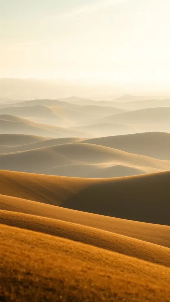 Close-up of rolling hills with gentle morning light and soft tonal transitions.