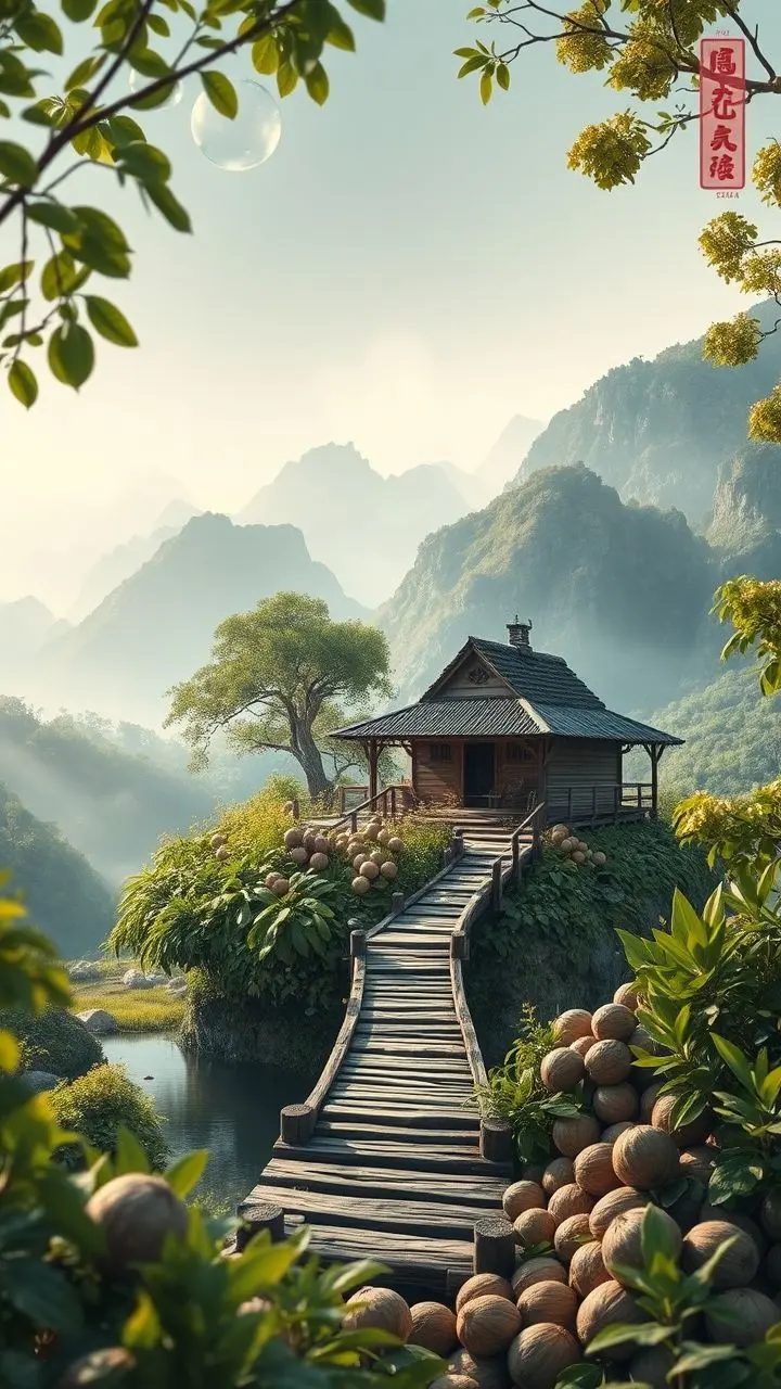 Mountain farm with hut, bridge, jujubes, walnuts, and bubbles.