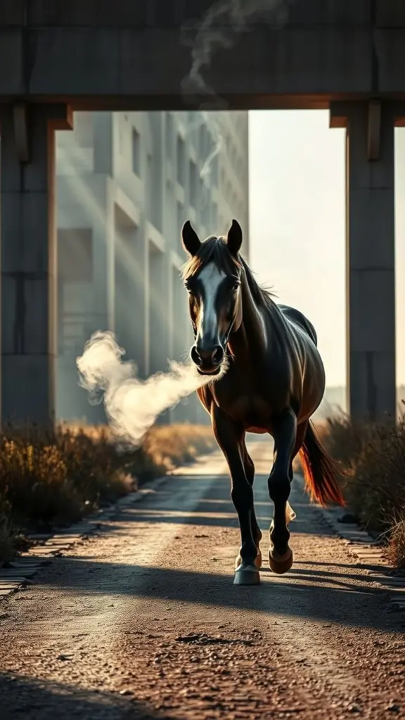 Horse walking on a road near brutalist building with sunlight.