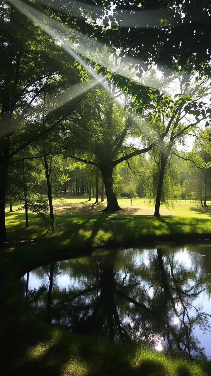 Pond reflecting trees and sky with dappled sunlight and shadows.