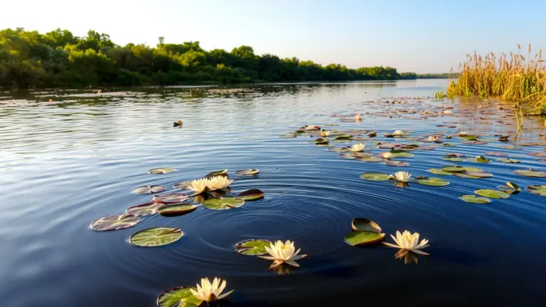 Peaceful river delta with water lilies and golden light.