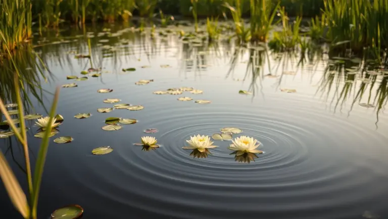 River delta with water lilies and reeds.