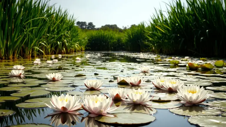 Peaceful river delta with blooming white and pink water lilies on a shimmering surface.