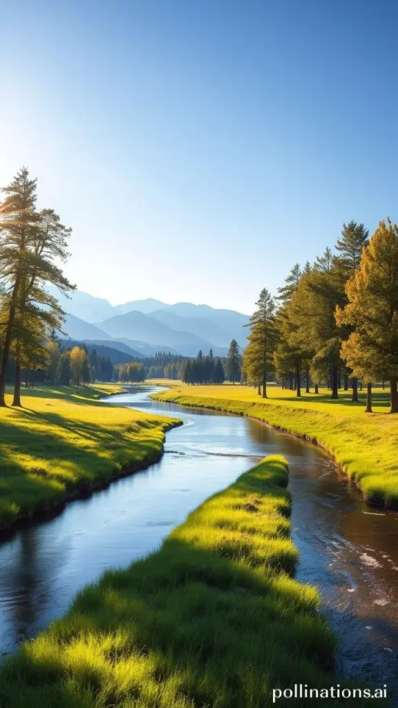 Calm river in a green meadow with trees and mountains.