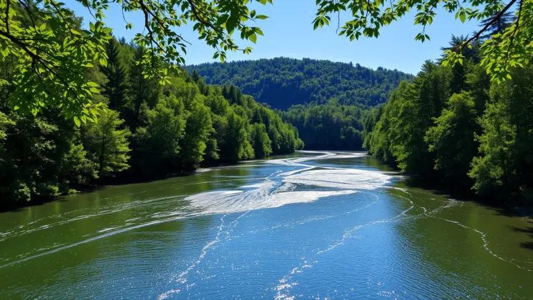Shimmering river in a forest valley with sunlight.