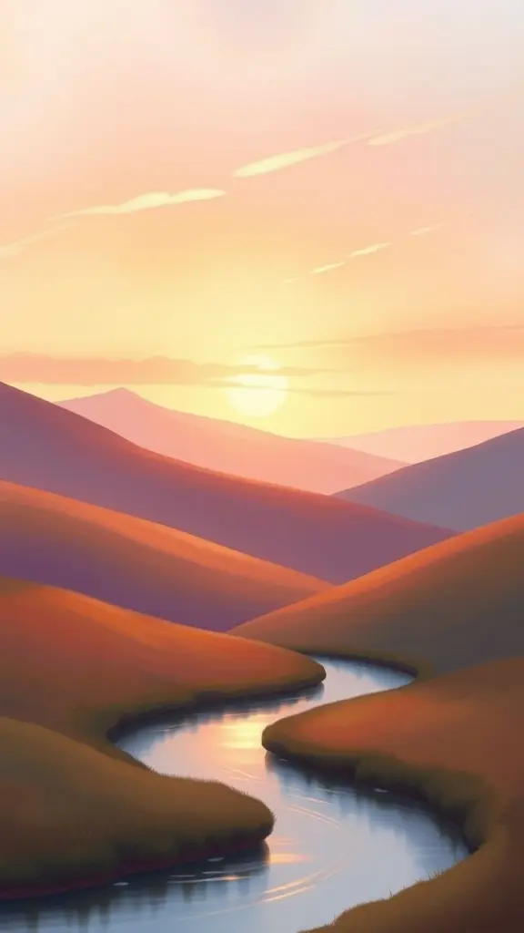 Painting of rolling hills at sunset with soft colors and a river.