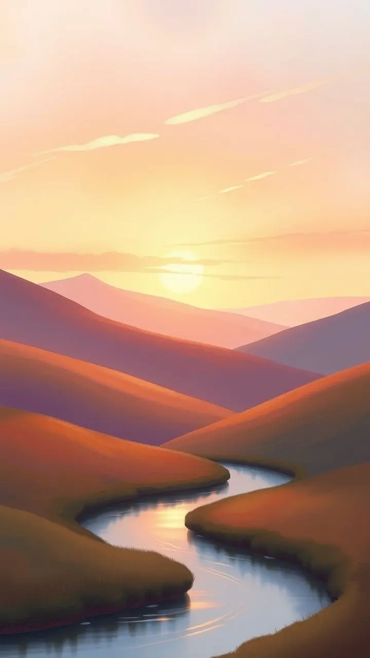 Painting of rolling hills at sunset with soft colors and a river.