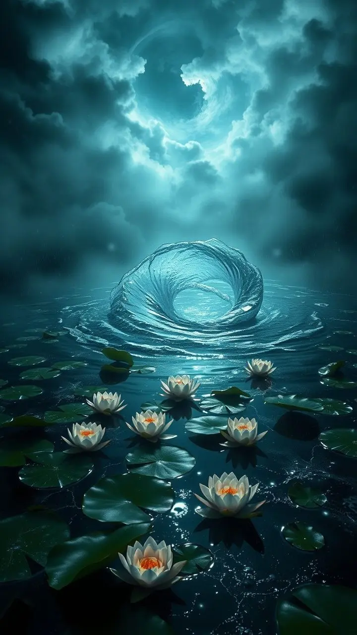 Lotus flowers on a pond during a storm with a water vortex.