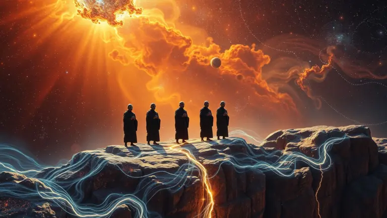 Faceless, handless monks on stardust-covered cliffs with cosmic mists.