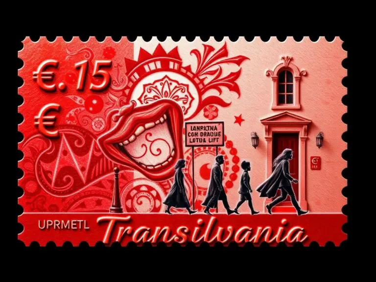 Embossed postage stamp with Dracula theme, red and white gradient, mural, community figures, and currency.