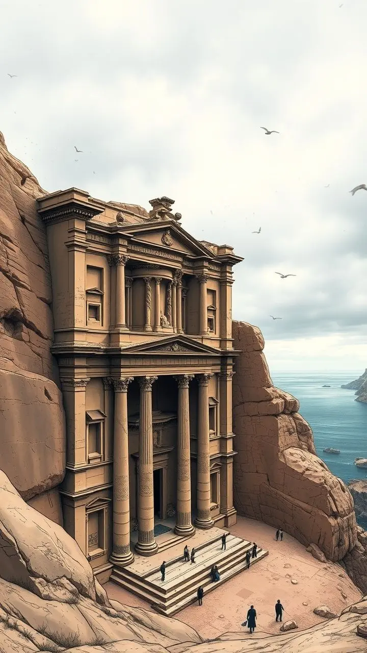 Petra's Treasury facade floating above an Atlantic coastline under a gray sky.