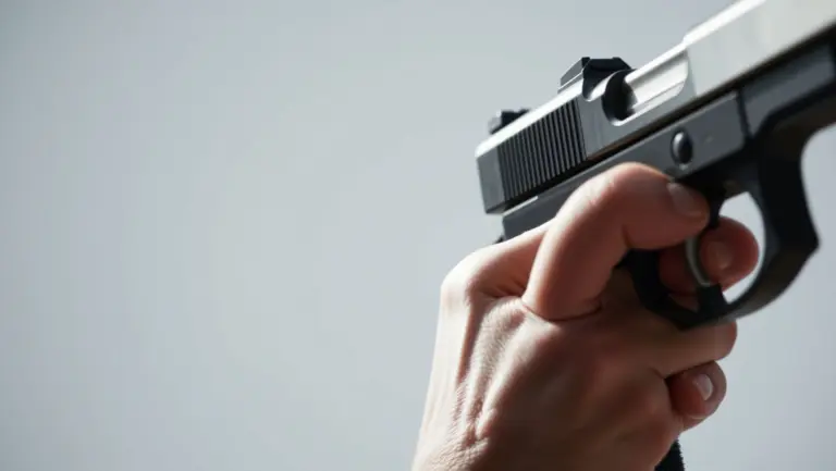 Close-up of a trembling hand holding a dueling pistol.