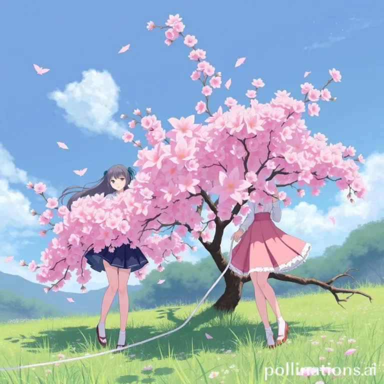 Three sakura trees with pink and white blossoms.