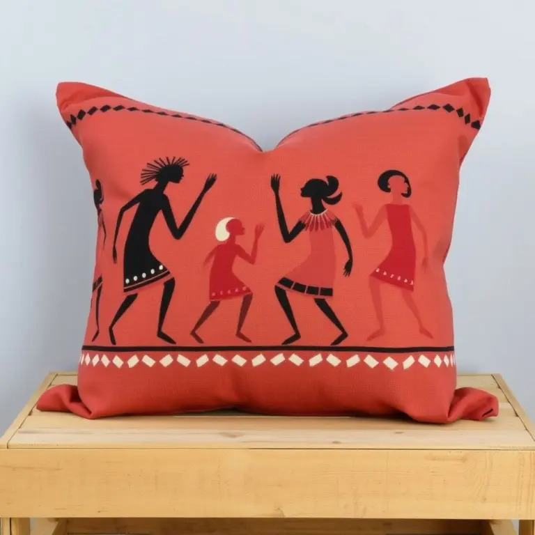 Clay brown cushion with black, cream, and red tribal dancing figures print, resting on a wooden crate.