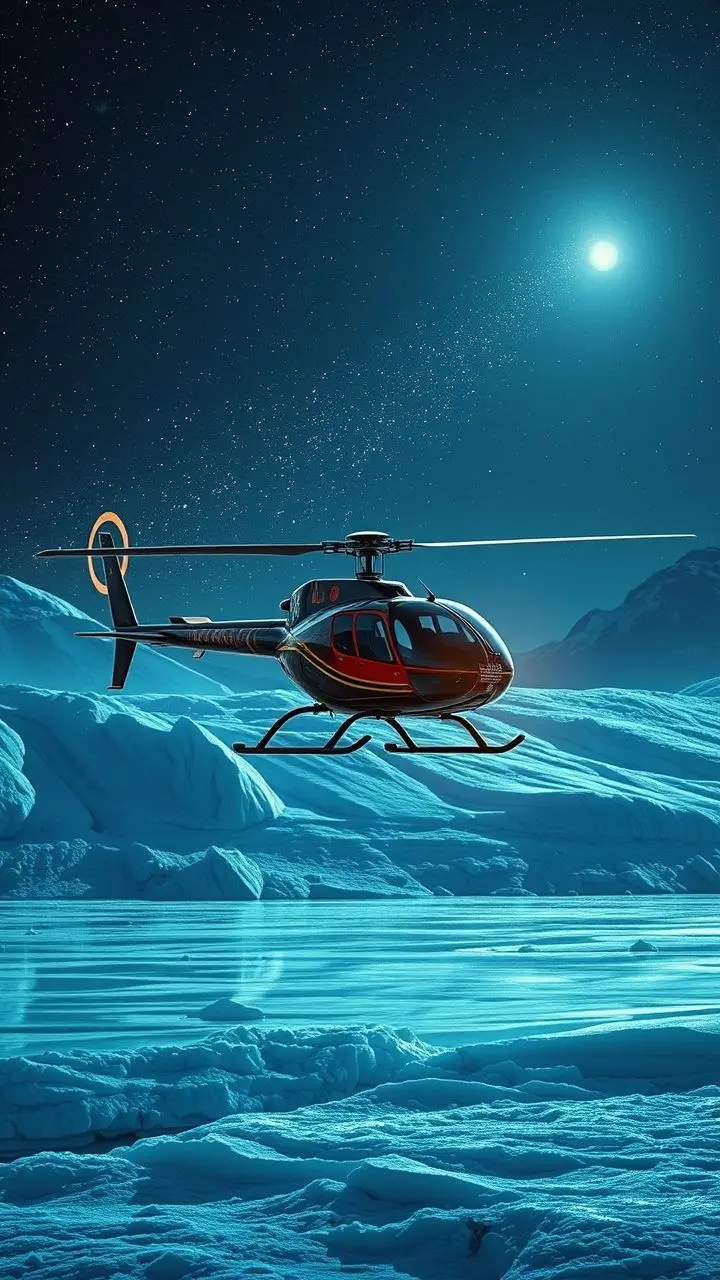 Helicopter hovering over a glacier at night with diamond dust in the sky.