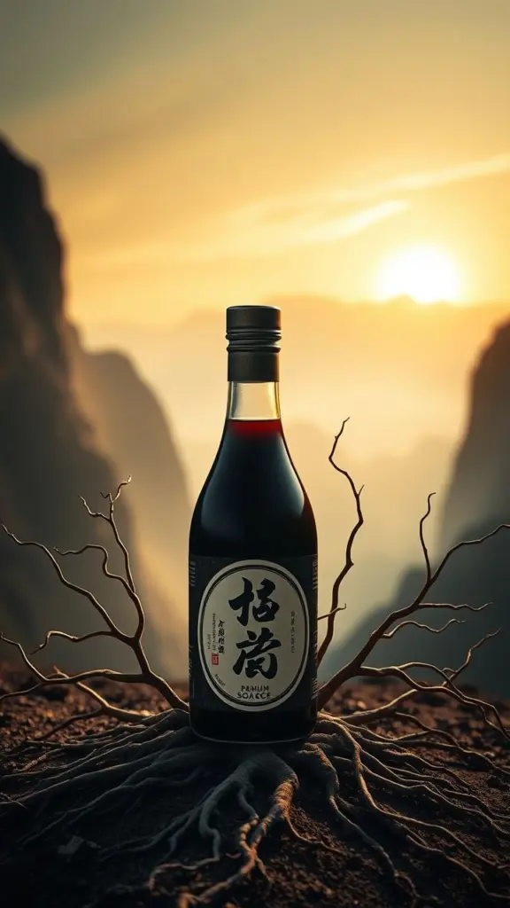 Premium soy sauce bottle in misty mountains with bent roots, film noir style.